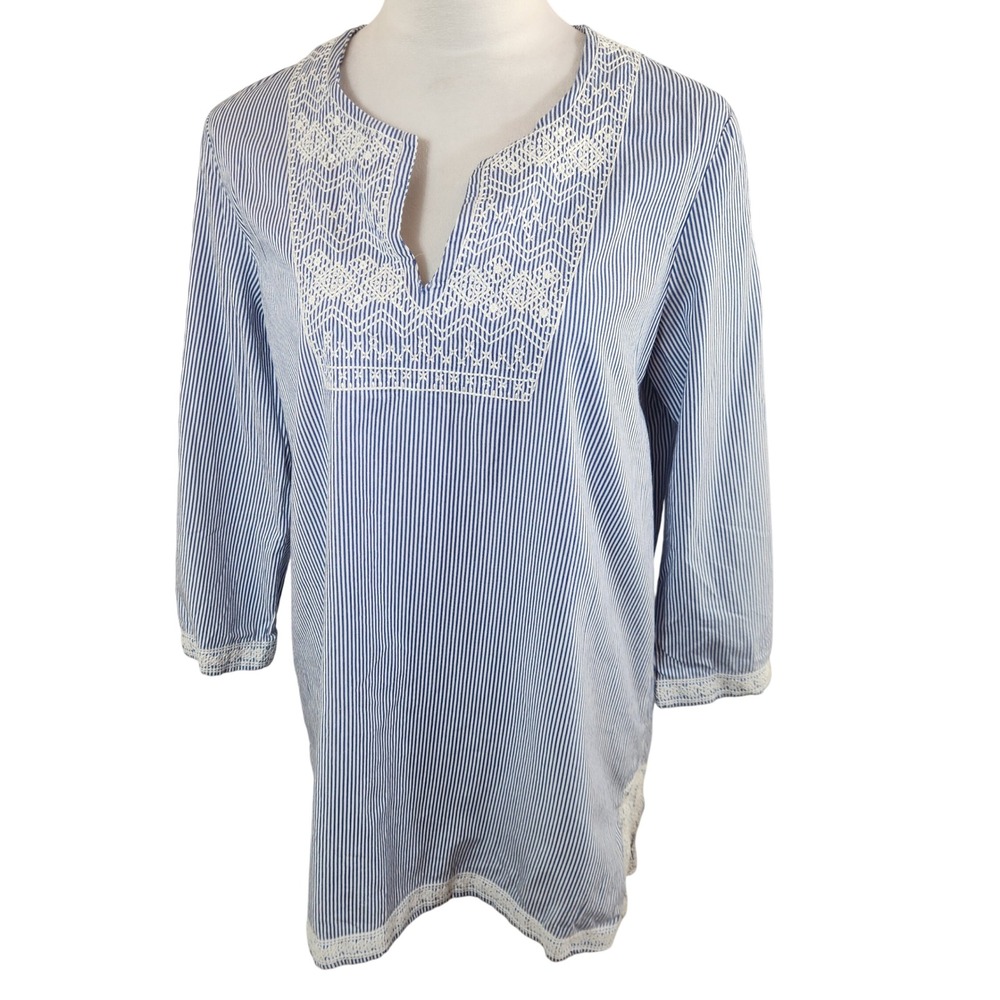 J McLaughlin Striped Tunic Top Womens Large Blue White Embroidered Split Hem